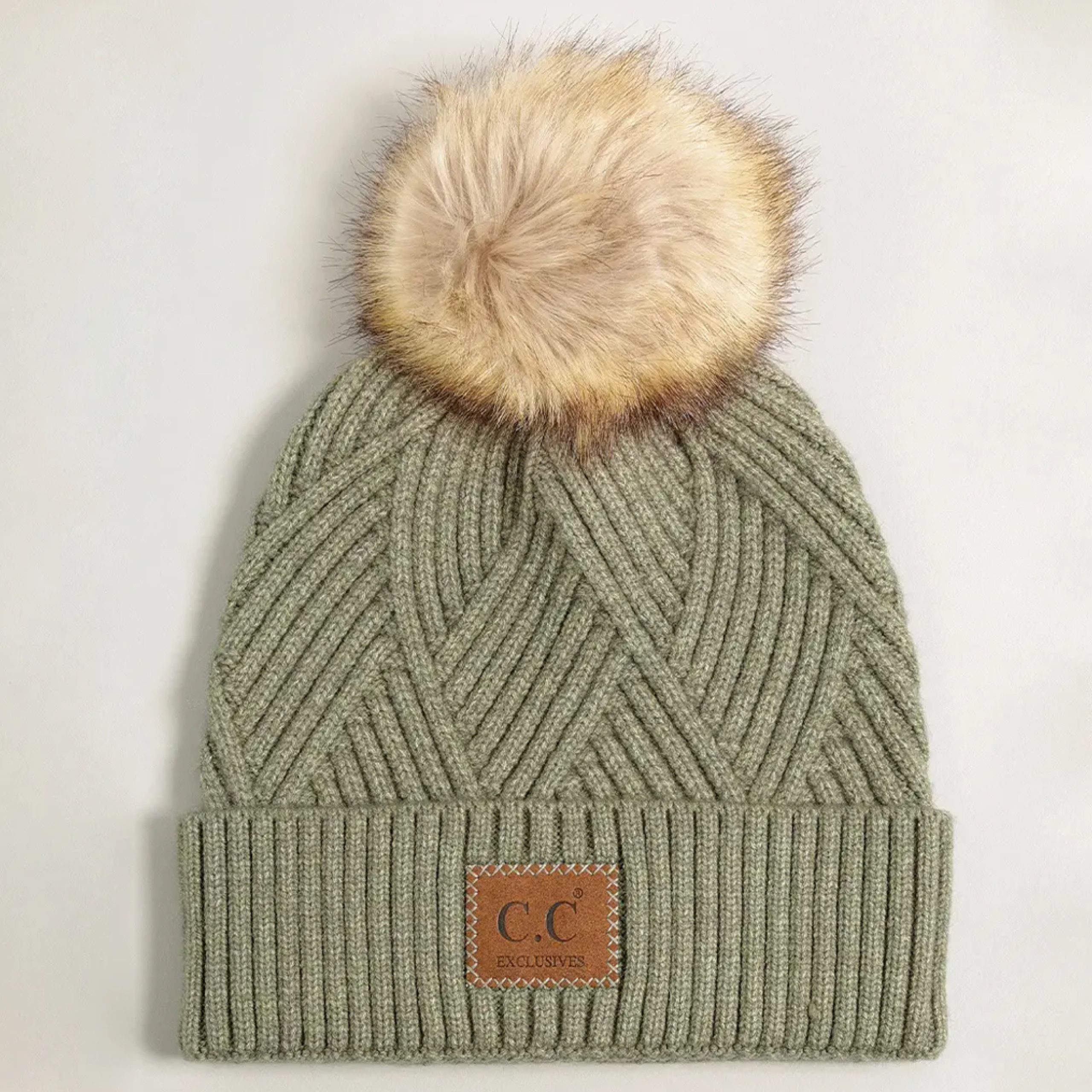 Heather Cuff Beanie with Pom-Pom-sage