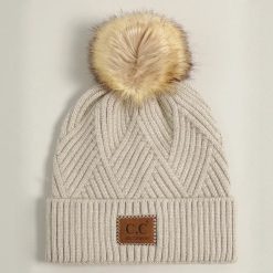 Heather Cuff Beanie with Pom-Pom-Warm Grey Mix