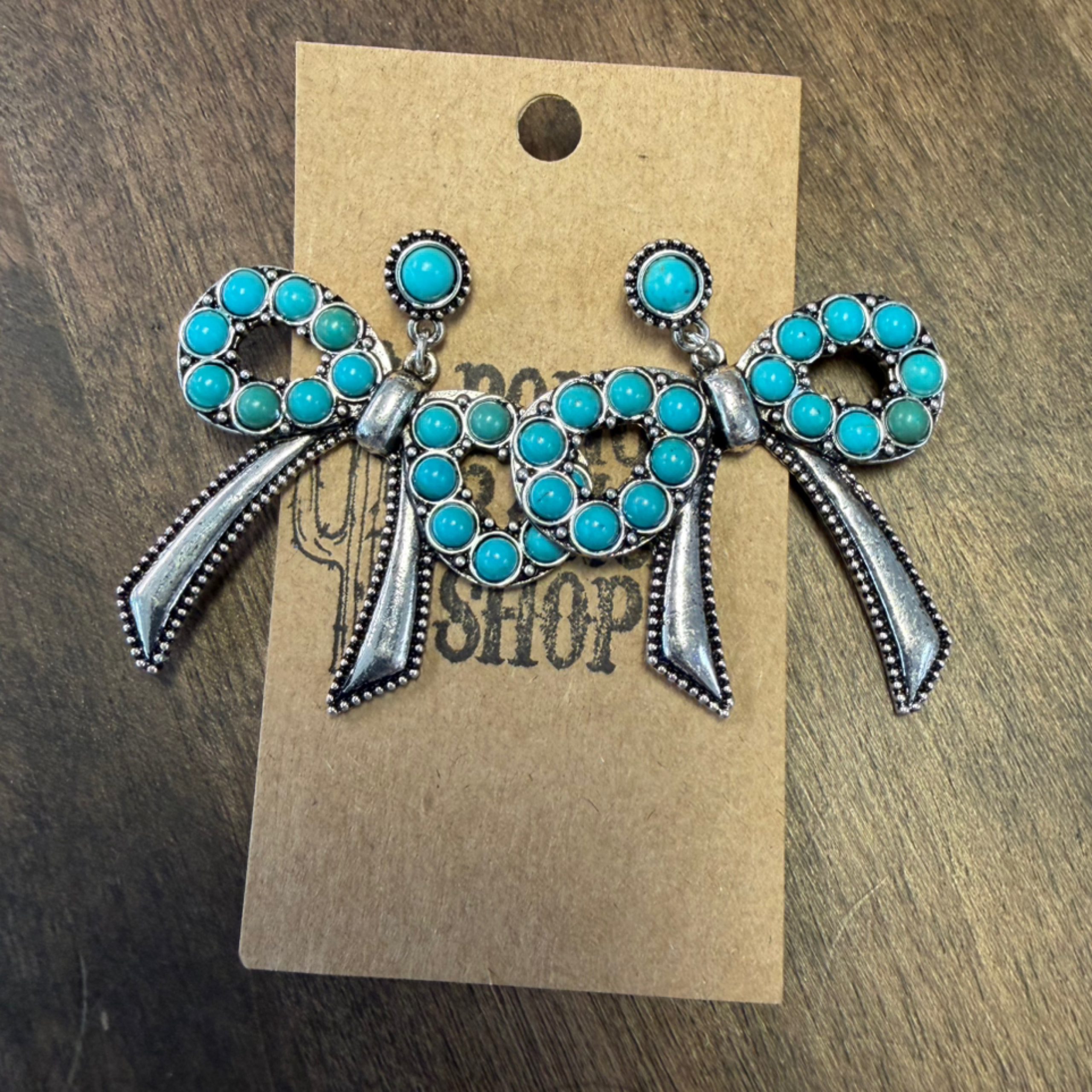 Coquette Bow Ribbon with Turquoise Stone Post Drop Earrings