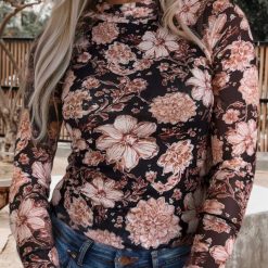 66 Floral Print Mesh Mock Neck Long Sleeve