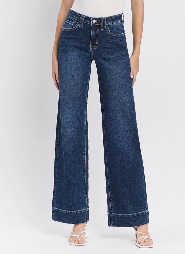 High Rise Dark Wash Trouser Hem Wide