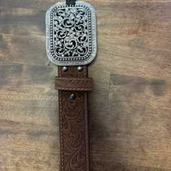 Fillagree Ladies Floral Embossed Leather Belt with Crystal Belt Buckle, Medium Brown