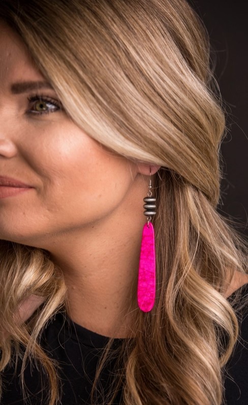 4" Pink Slab Earring On Fishhook with Faux Navajo Pearl Disc